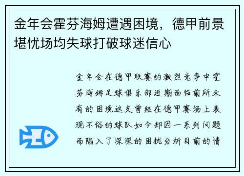 金年会霍芬海姆遭遇困境，德甲前景堪忧场均失球打破球迷信心